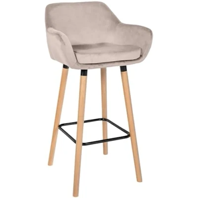 Abbildung von CLP Barhocker Grant Mit Hochwertiger Polsterung Und Samtbezug I Thekenhocker Vierfußgestell Aus Holz Tresenhocker Fußstütze, Farbe:Creme