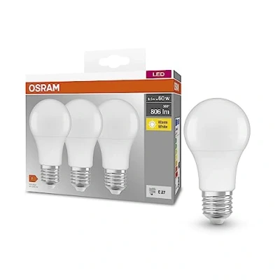 Abbildung von OSRAM BASE CLASSIC A 60 FR LED Lampe mit Sockel E27, Kolbenform, 3er Pack, 8,5W, 806lm, 2700K, warmweißes Licht, geringere Wärmeentwicklung, sehr geringer Energieverbrauch, lange Lebensdauer,30 Pack
