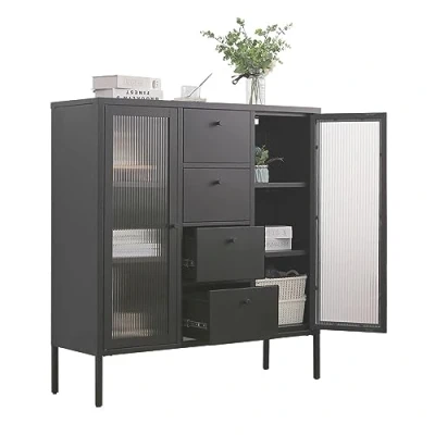 Abbildung von Mein Regal Highboard Paris, Kommode Schwarz Metall Glastüren, 4 Schubladen Hochkommode Höhe 110 cm