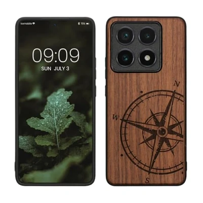 Abbildung von kwmobile Hülle kompatibel mit Xiaomi 14T Pro Holz Case Handy Cover TPU Handyhülle in Dunkelbraun Kompass Vintage