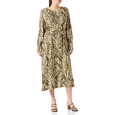 Abbildung von Gerry Weber Damen Kleid mit Bindegürtel Ballonärmel, Langarm, Manschette Gemustert lang Khaki Shell Vanilla Druck 46