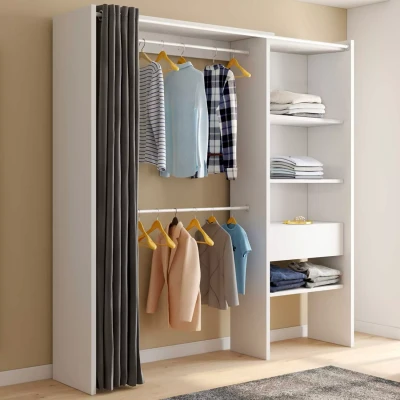 Abbildung von IDMarket Ausziehbarer Kleiderschrank, Weiß und Grau, Marty, 120/170 x 50 180 cm, mit Vorhang + Doppel Kleiderschrank Einlegeböden