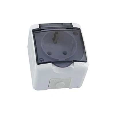 Abbildung von 1 fach Aufputz Schuko Feuchtraum Steckdose IP54 mit Abdeckung Rauch Glas (1 fach)