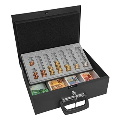 Abbildung von Wedo 150100801 Geldzählkassette Universa (aus Stahlblech, für Hart und Papiergeld, mit zwei Tragegriffen 4 Fächereinsatz Geldscheine, 35,5 x 27,5 10 cm) schwarz