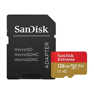 Abbildung von SanDisk Extreme 128 GB microSDXC Memory Card + SD Adapter with A2 App Performance Rescue Pro Deluxe, Up to 160 MB/s, Class 10, UHS I, U3, V30 , Red/Gold