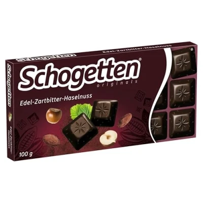 Abbildung von Schogetten Edel Zartbitter Haselnuss 100g Schokoladentafel, praktisch einzeln portioniert. Ein Genuss. Stück für Stück.