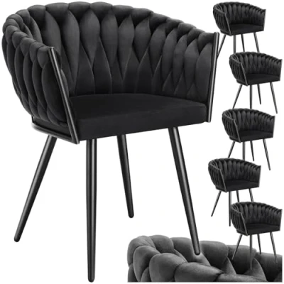 Abbildung von tectake® Samt Stuhl, Schalenstuhl mit Armlehne in Knoten Optik, Esszimmerstühle, Sessel modern für Wohnzimmer, Esszimmer, als Küchenstühle, Schminktisch, Dining Chair Set schwarz, 6er