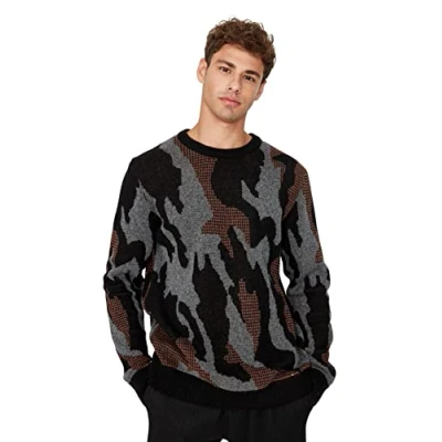 Abbildung von TRENDYOL Herren Rundhalsausschnitt, Batikdruck, Schmaler Pullover Sweatshirt, Schwarz, L