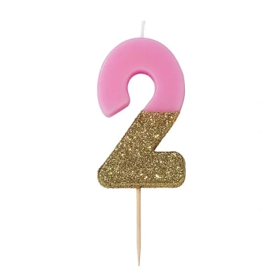 Abbildung von Talking Tables Pink Number 2 Birthday Candle with Gold Glitter Premium Quality Cake Topper Decoration Pretty, Sparkly for Kids, Adults, 21st Party, Anniversary, Milestone Age, Wax,