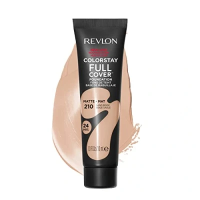 Abbildung von Revlon ColorStay Full Cover Longwear Matte Foundation, hitze und schweißbeständig, leichtes Gesichts Make up, Farbton Sandbeige (210), 30 ml
