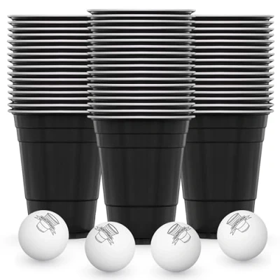 Abbildung von RedCupShop® Beer Pong Becher Set 50 Black Cups (16oz/473ml) + 4 Bälle Wiederverwendbar &amp; spülmaschinenfest Schwarze Partybecher für Spiele Feiern