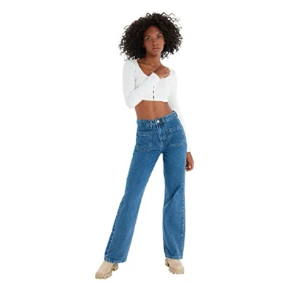 Abbildung von Trendyol Damen Blue Mobile Detailed High Waist 90&#039;s Wide Leg Jeans, Blau, 38 EU