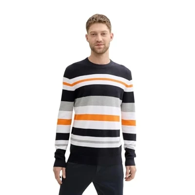 Abbildung von TOM Tailor Gestreifter Strickpullover, Herren, Größe: Large, Navy white multi color stripe