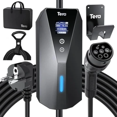 Abbildung von Tera EV Ladegerät Tragbares Typ 2 mit 7m Ladekabel 3kW 16A Schuko Modus Einstellbarer Strom Klares LCD Display IP66 Wasserdichter Kabelhalter P02