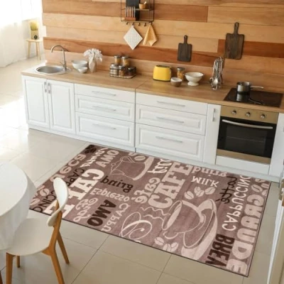 Abbildung von VIMODA Küchenteppich Teppichläufer Coffee Modern Kaffee Design in Braun Beige Teppich für Lounge oder Küche, Maße:80x150 cm