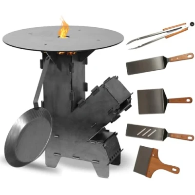Abbildung von Czaja Feuerschale Czaja® Raketenofen inkl. Grillplatte, Eisen Bratpfanne &amp; Grillbesteck, präzise gefertigt aus unbehandeltem Stahl