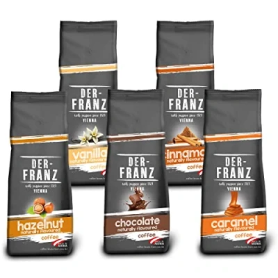 Abbildung von Der Franz Kaffee Pack, gemahlen, aromatisiert, 5 x 500 g (1 Haselnuss, 1 Vanille, Schokolade, Zimt, Karamell)