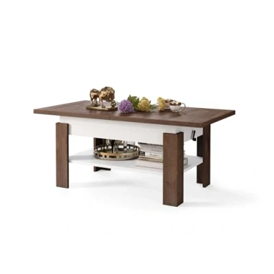 Abbildung von All4All Couchtisch Rino Kaffeetisch Wohnzimmertisch mit Ablage Sofatisch ausziehbar bis 170cm höhenverstellbar 130x65cm 05 Braune Eiche + Weiß