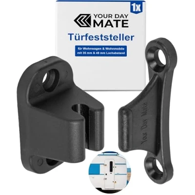 Abbildung von Türfeststeller für Wohnwagen, 1 Pack, Schwarz, zum Anschrauben, mit 35 mm und 48 Lochabstand, Türschloss Stauraum Tür Camper, Türhalter Serviceklappe Wohnmobil, Türschnapper Campervan, Türsicherung