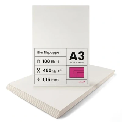 Abbildung von Netuno 100 Blatt Bastel Pappe Creme Weiß DIN A3 297x 420 mm 1,15 480g zum Basteln finnische Holzpappe Finnpappe Buchbinderpappe Bastelarbeiten Bierfilze Bierdeckel thick white cardboard