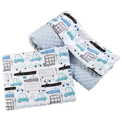 Abbildung von Medi Partners Babydecke Krabbeldecke mit Kissen 100% Baumwolle Minky Kinderdecke groß zweiseitig 75x100 + 35x30cm multifunktional für Bett Kinderwagen (Autos hellblauem Minky)