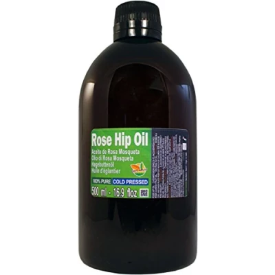 Abbildung von Hagebuttenöl. 100% rein. Extra große Flasche 500 ml (halber Liter) Herkunft Chile Virgin, Natürlich, Nachhaltiges Produkt.