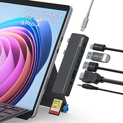 Abbildung von Surface Pro 11/10/9 Zubehör mit 4K HDMI, 100 W USB C Thunderbolt 4 (Display + 40 Gbit/s PD), C, Audio, 2* A 3.0, TF/SD Karte, Triple Display Dockingstation für Microsoft
