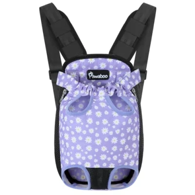 Abbildung von Pawaboo Haustier Rucksack Hund Tragetasche, Verstellbar Beinen heraus Rucksäcke Reisetasche, Atmungsaktiv und Bequem für Klein Mittler Hunde Katzen Welpen, L, Schwarz &amp; Violett Gänseblümchen