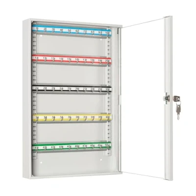Abbildung von LEOMAR Schlüsselschrank, Schlüsselkasten mit 50 Haken, Schlüsselbox aus Stahlblech Glastüren, Verstellbaren Hakenleisten, Organizer zur Wandbefestigung, Abschließbar, 6 x 35 52 cm