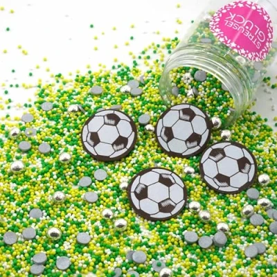 Abbildung von Streusel Glück Fussball grün silber gelb weiss 90g Zuckerstreusel Sprinkles Tortendeko Geburtstag Kindergeburtstag Verzierung von Plätzchen Torte Kuchen Cupcakes Muffins
