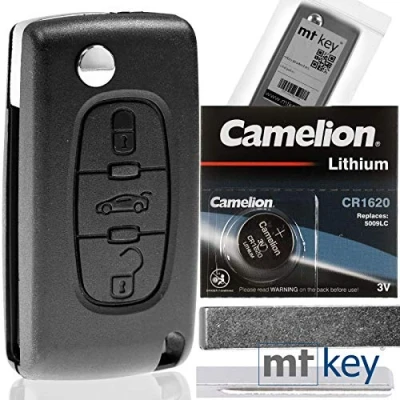 Abbildung von mt key Klapp Schlüssel Reparatur Gehäuse 3 Tasten + HU83 Rohling 1x CR1620 Knopfzelle, (3 V), für Peugeot Citroen Boxer Partner Ranch 607 Funk Fernbedienung