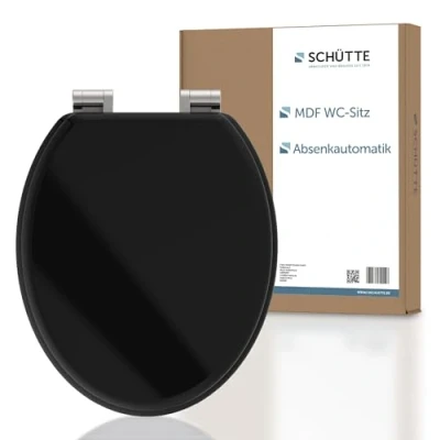 Abbildung von SCHÜTTE WC Sitz BLACK mit Absenkautomatik aus Holz Toilettensitz Klodeckel Holzkern Toilettendeckel Motiv (maximale Belastung der Klobrille 175 kg) Schwarz