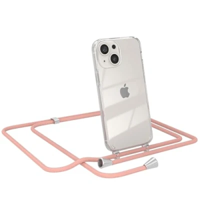 Abbildung von EAZY CASE Smartphone Necklace kompatibel mit iPhone 13 Mini, Tasche Kette Schultertasche Crossbody Bag, Handyhülle zum Umhängeband Kordel in komplett Alt Rosa Endstücken Silber