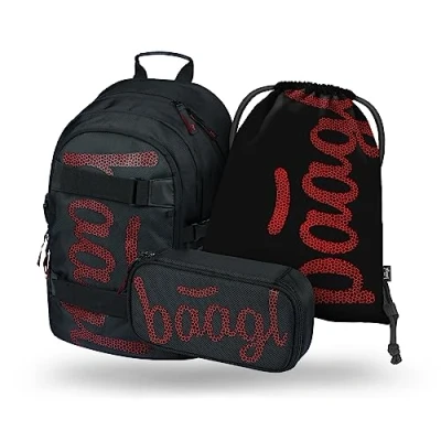 Abbildung von Baagl Schulrucksack Set Jungen Mädchen 3 Teilig, Schultasche ab 3. Klasse, Grundschule Ranzen mit Brustgurt, Ergonomischer Schulranzen (Skate Red)