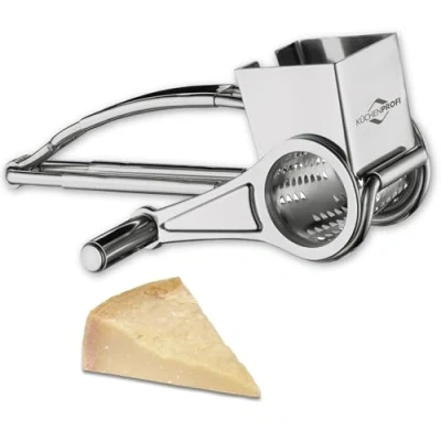 Abbildung von Küchenprofi Käsereibe Edelstahl, mit Kurbel, Trommelreibe geeignet für Käse, Gemüse, Obst &amp; Nüsse, Parmesanreibe Spülmaschinenfest, 20 cm