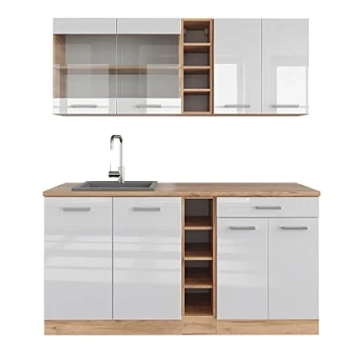 Abbildung von Vicco Singleküche R Line, Weiß Hochglanz/Goldkraft Eiche, 160 cm, AP Eiche
