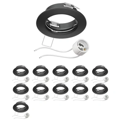 Abbildung von ledscom.de 12 Stück Decken Einbaurahmen FERE schwarz matt (LED/Halogen/GU10/MR16/PAR16/50mm) inkl. GU10 Fassung