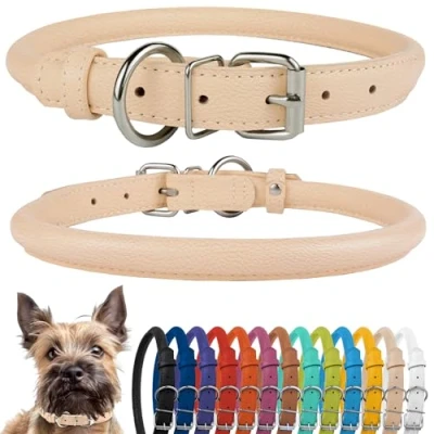Abbildung von CollarDirect Rundes Leder Hundehalsband, weich gepolstert gerollt, handgefertigtes Echtleder Halsband für Hund Welpe Katze Klein Groß Schwarz Rosa Rot Lila Blau