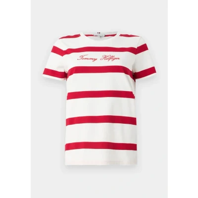 Abbildung von Tommy Hilfiger Damen T Shirt Kurzarm Script mit Rundhalsausschnitt, Mehrfarbig (Breton STP Iovry/Med Red), XXS