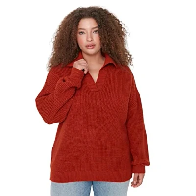 Abbildung von TRENDYOL Damen Pullover mit Rollkragen, Einfarbig, Regulär, Übergröße Sweatshirt, Fliese Rot, 3XL EU