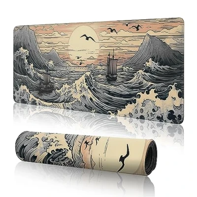 Abbildung von Japanische Wellen Gaming Mauspad, große Schreibtischunterlage, Anime Tastatur Pad, 80 x 30 cm, erweitertes XL, Mauspads für Schreibtisch, Mauspad