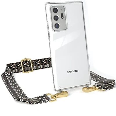 Abbildung von EAZY CASE Handykette Verstellbarer Gurt kompatibel mit Samsung Galaxy Note 20 Ultra 5G, Schulterriemen, Flache Kordel, Handykordel Hülle, Hülle Kette, Grau/Schwarz Metall Gold
