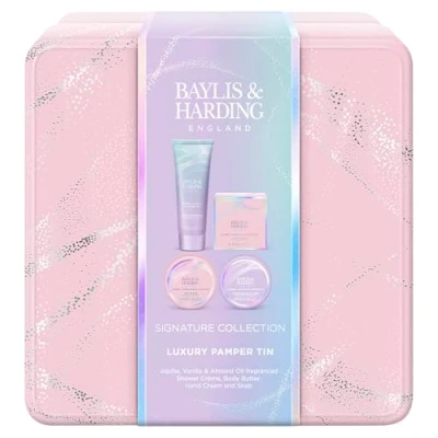 Abbildung von Surya Baylis &amp; Harding Jojoba, Vanilla Almond Oil Luxury Pamper Tin Gift Set Vegan Friendly