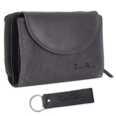 Abbildung von Chunkyrayan Echtleder Damen Geldbörse Hochwertig Vintage RFID Schutz inklusive Leder Schlüsselanhänger GB 3 Grey