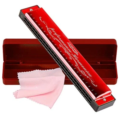 Abbildung von Mundharmonika Professionelle C Dur Blues Harmonica Diatonische 24 Loch mit Fall für Folk Jazz Pop Erwachsene Kind Kinder Student Anfänger Geschenk Rot