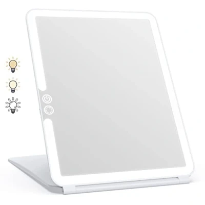 Abbildung von WEILY Schminkspiegel mit Beleuchtung, Kosmetikspiegel DREI Farben Winstellbarer Led Kosmetikspiegel, 2000 mAh USB Aufladbarer Beleuchteter Tischspiegel, Make up Spiegel für Reisen (Weiß)