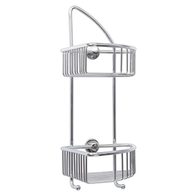 Abbildung von tesa Duschablage DRAAD Duscheckkorb ohne Bohren 42,5 cm : 20,5 cm, Packung 1 tlg., selbstklebendes Hängeregal für die Dusche chrom silber glänzend