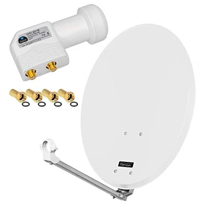 Abbildung von HD Digital SAT Anlage 60cm ALU Spiegel Schüssel Hellgrau + Twin LNB 2 Teilnehmer zum Empfang von DVB S/S2 Full 3D 4K Ultra (UHD) Signale Stecker Gratis dazu im Set
