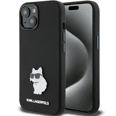 Abbildung von Karl Lagerfeld KLHCP15MSMHCNPK Hülle für iPhone 15 Plus 6.7&quot; Schwarz Silicone Choupette Metal Pin