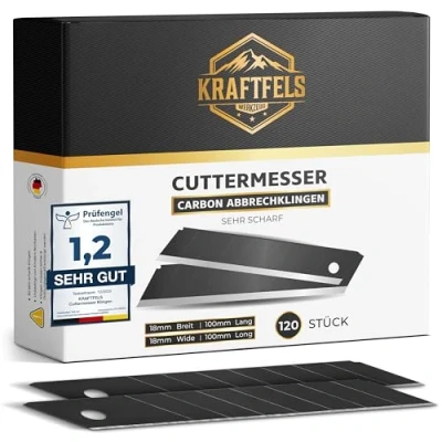 Abbildung von KRAFTFELS 120x Profi Cuttermesser Klingen 18mm Ersatzklingen aus hochwertigem Carbonstahl Gehärtet &amp; ultra scharf Abbrechklingen für Cutter Messer Schwarz…